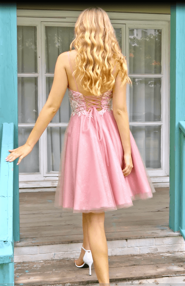 Luolandi A Line Spaghetti Straps V Neck Sleeveless Applique Tulle Homecoming Dress Beautiful